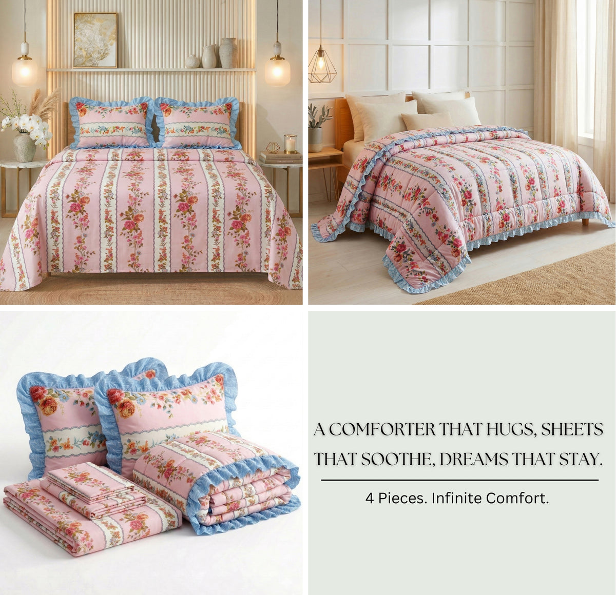 Frillo 4Pcs Bedding Set Coral Pink