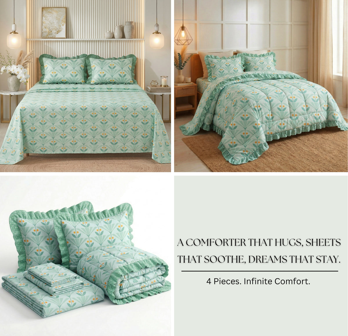 Frillo 4Pcs Bedding Set Mint Green
