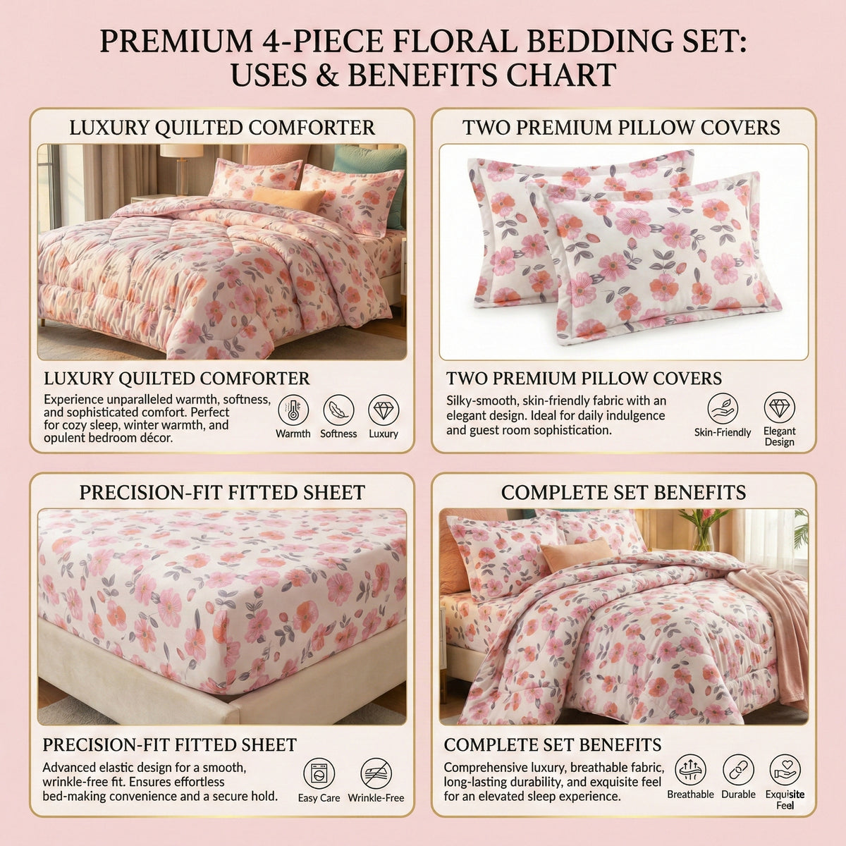 Pearl 4Pcs Bedding Set Rose Pink