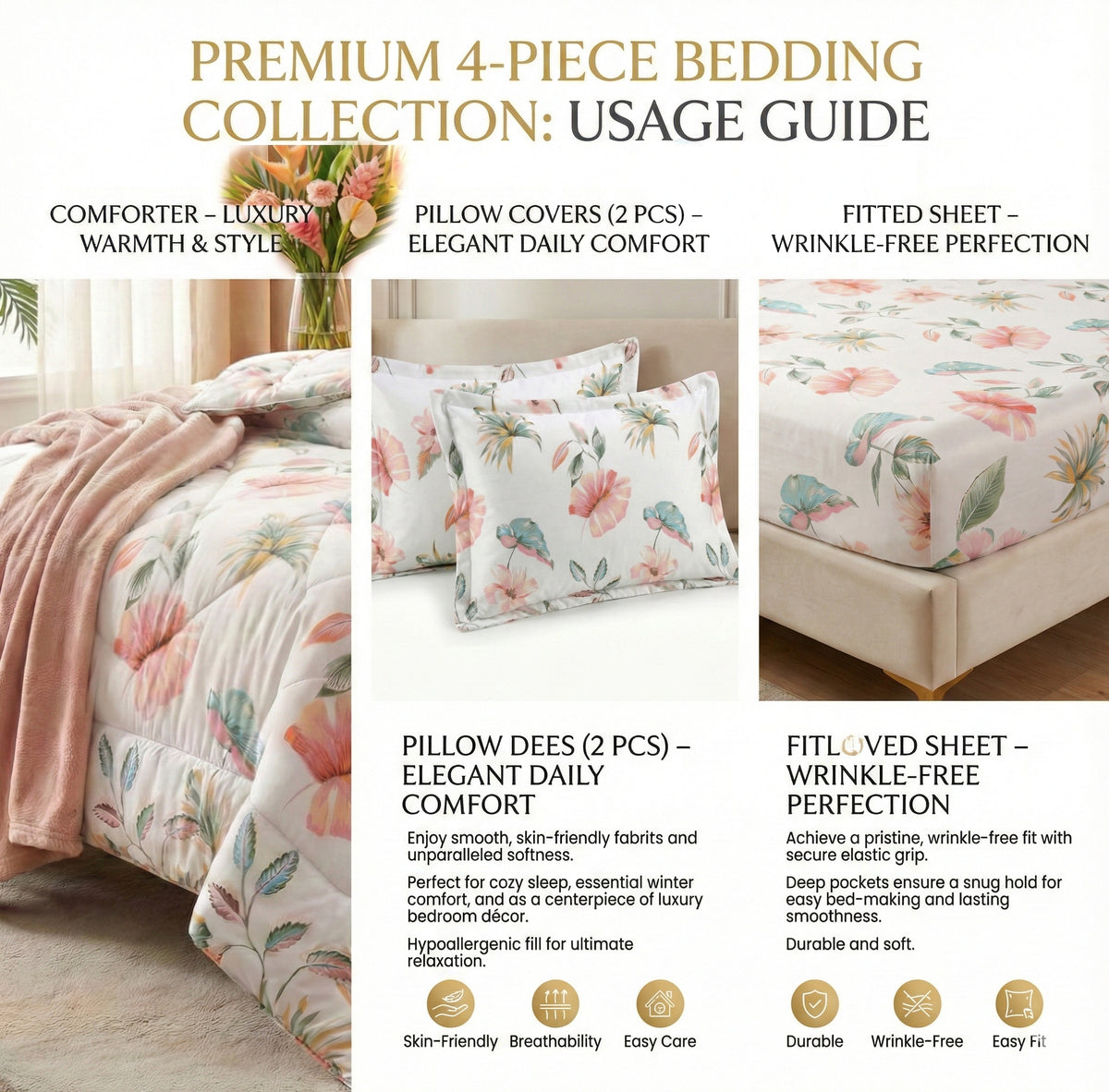 Pearl 4Pcs Bedding Set Ivory White