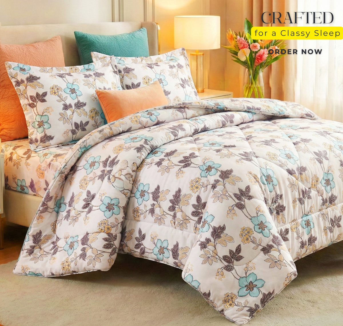 Pearl 4Pcs Bedding Set Beige Floral