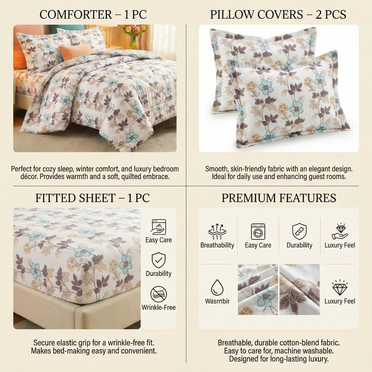 Pearl 4Pcs Bedding Set Beige Floral