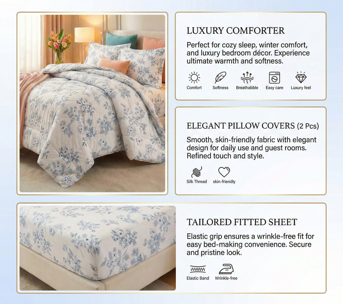 Pearl 4Pcs Bedding Set Ice Blue