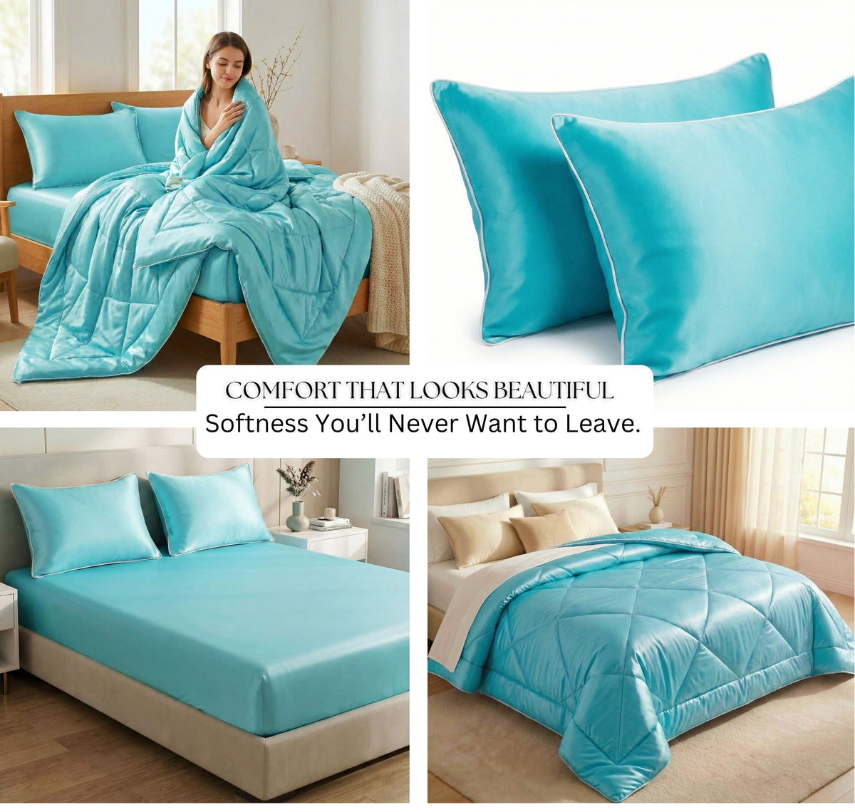 Satin Silk 4Pcs Bedding Set Aqua Blue