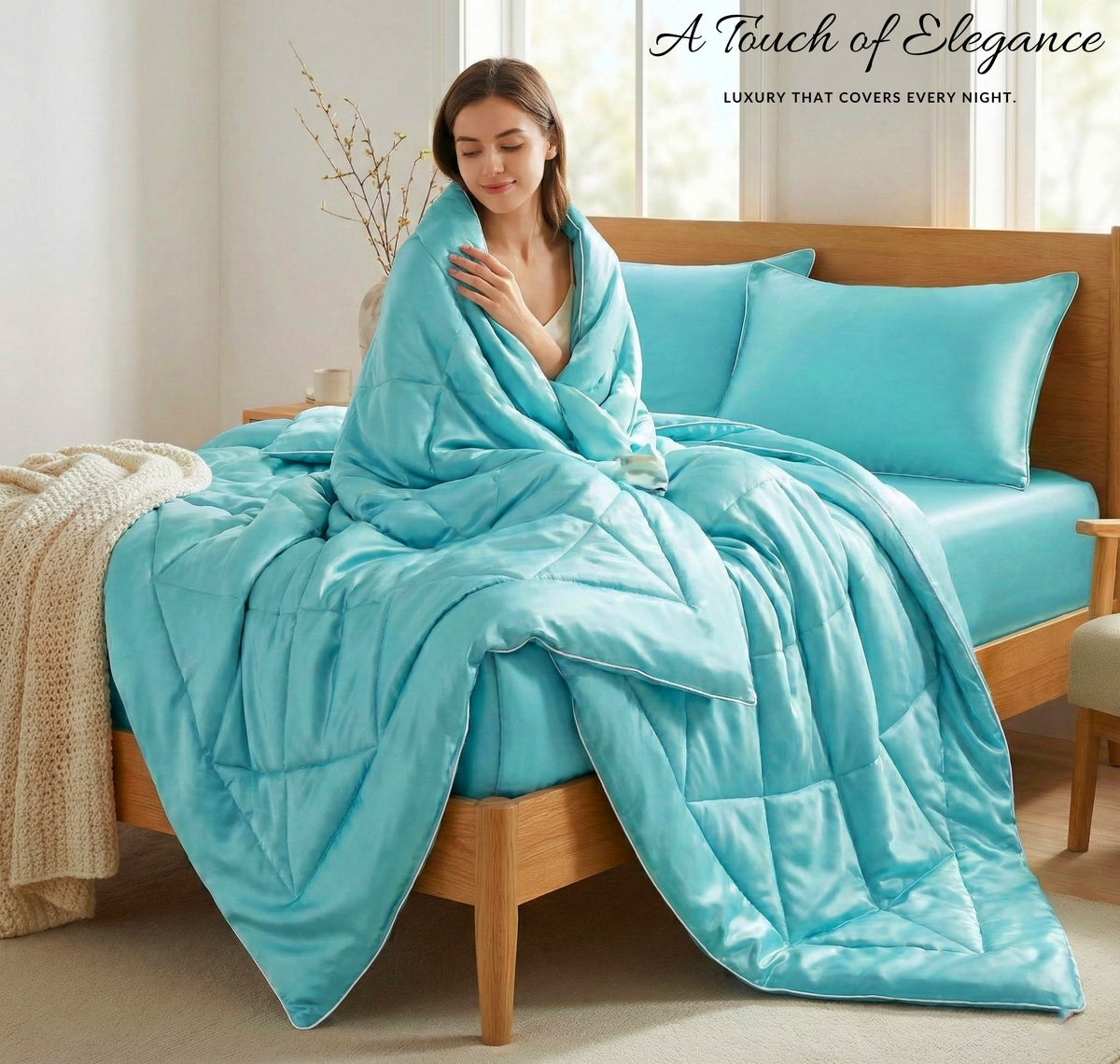 Satin Silk 4Pcs Bedding Set Aqua Blue