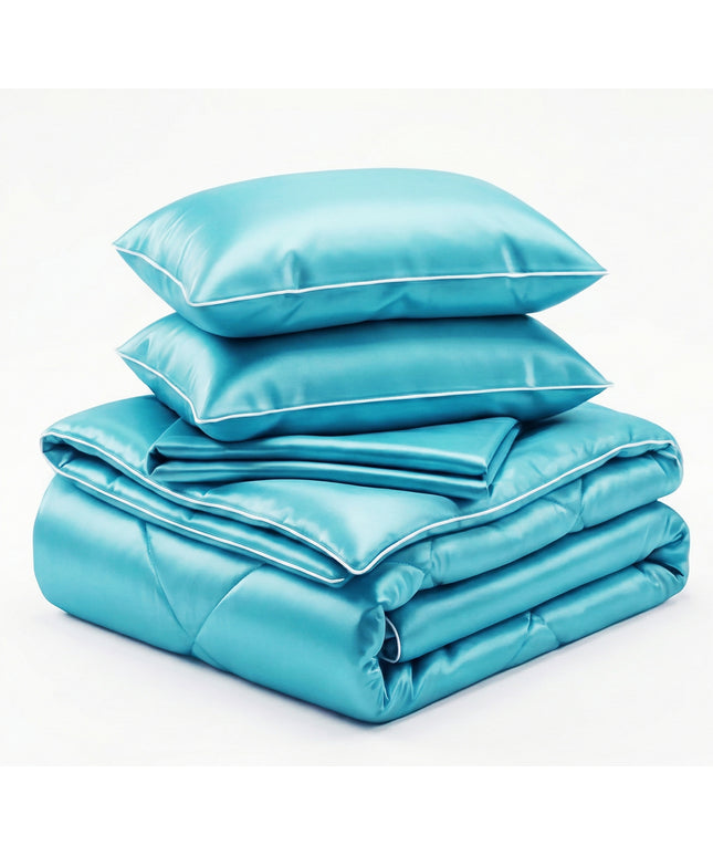 Satin Silk 4Pcs Bedding Set Aqua Blue