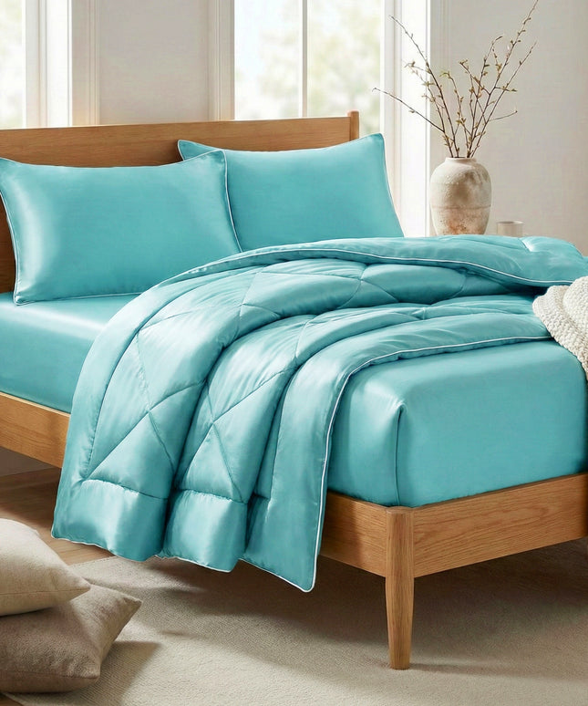 Satin Silk 4Pcs Bedding Set Aqua Blue