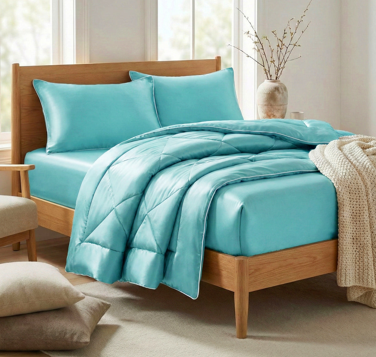 Satin Silk 4Pcs Bedding Set Aqua Blue