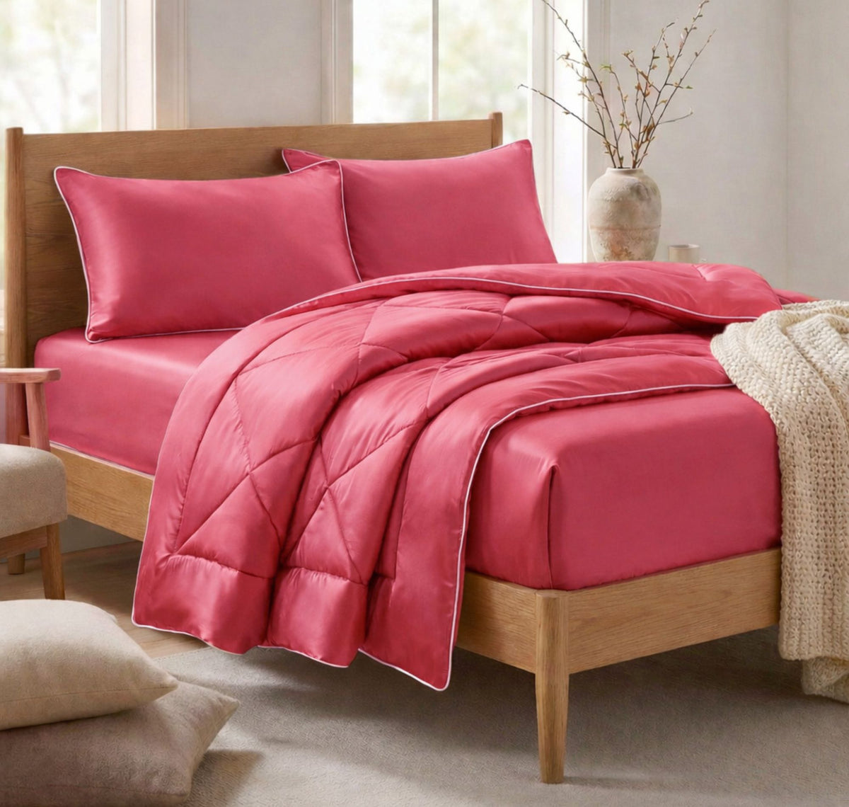 Satin Silk 4Pcs Bedding Set Rose Pink