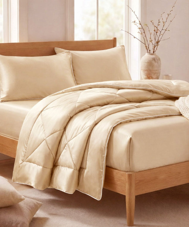 Satin Silk 4Pcs Bedding Set Champagne Beige