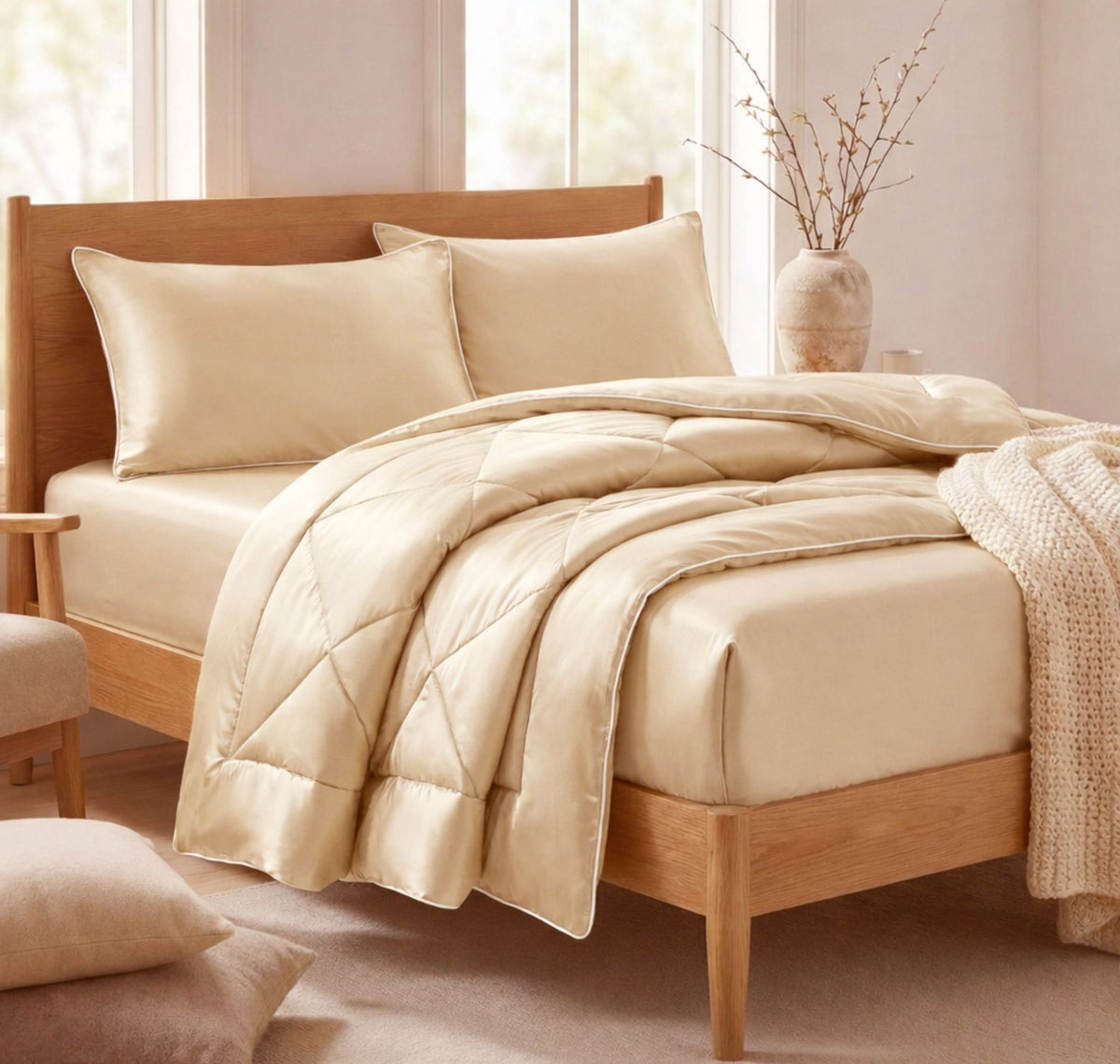 Satin Silk 4Pcs Bedding Set Champagne Beige