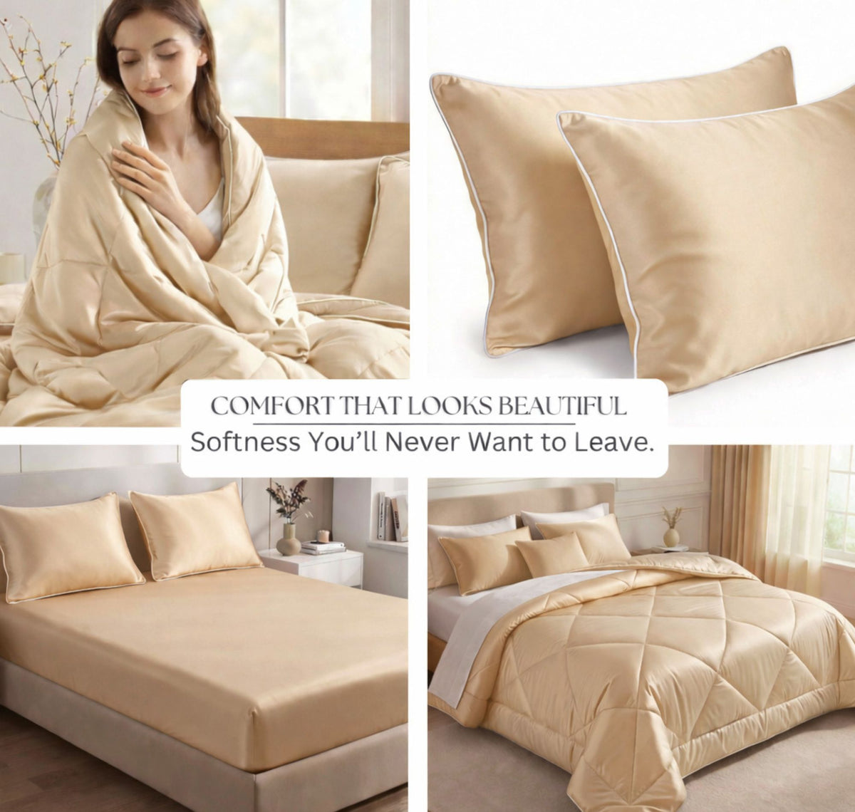 Satin Silk 4Pcs Bedding Set Champagne Beige