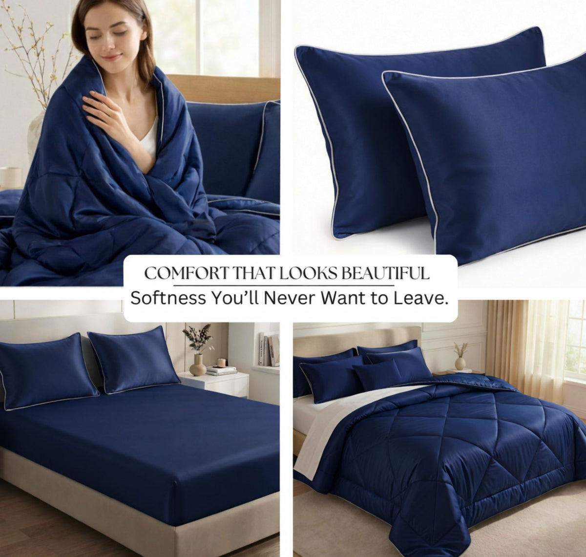 Satin Silk 4Pcs Bedding Set Navy Blue