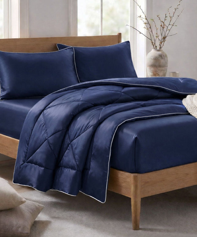 Satin Silk 4Pcs Bedding Set Navy Blue