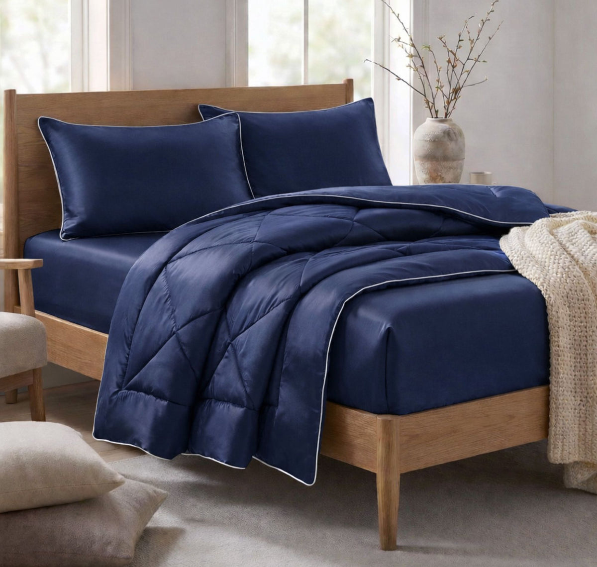 Satin Silk 4Pcs Bedding Set Navy Blue