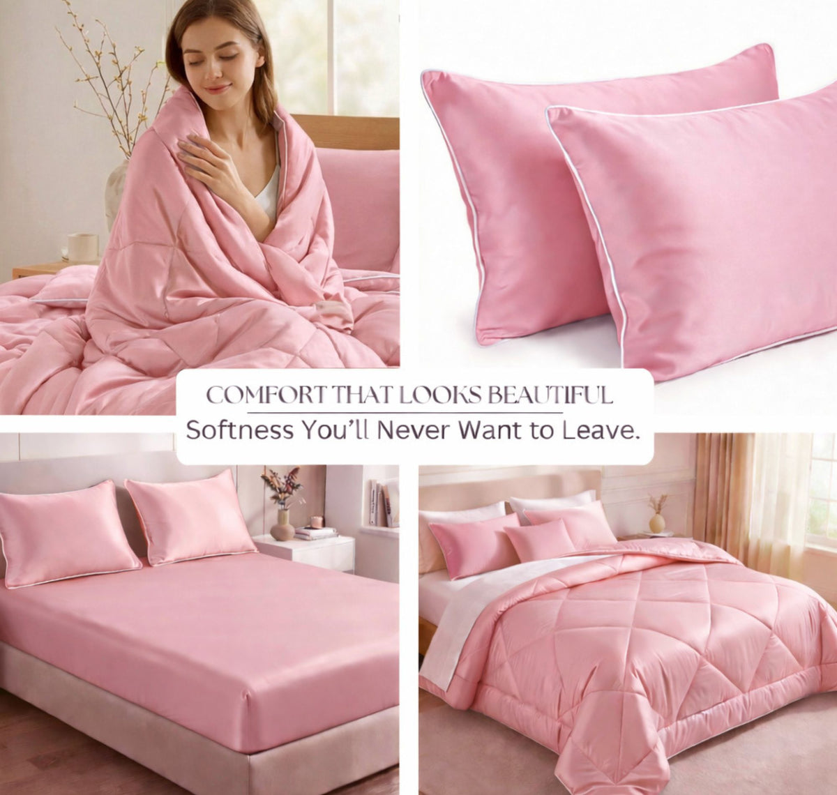 Satin Silk 4Pcs Bedding Set Baby Pink