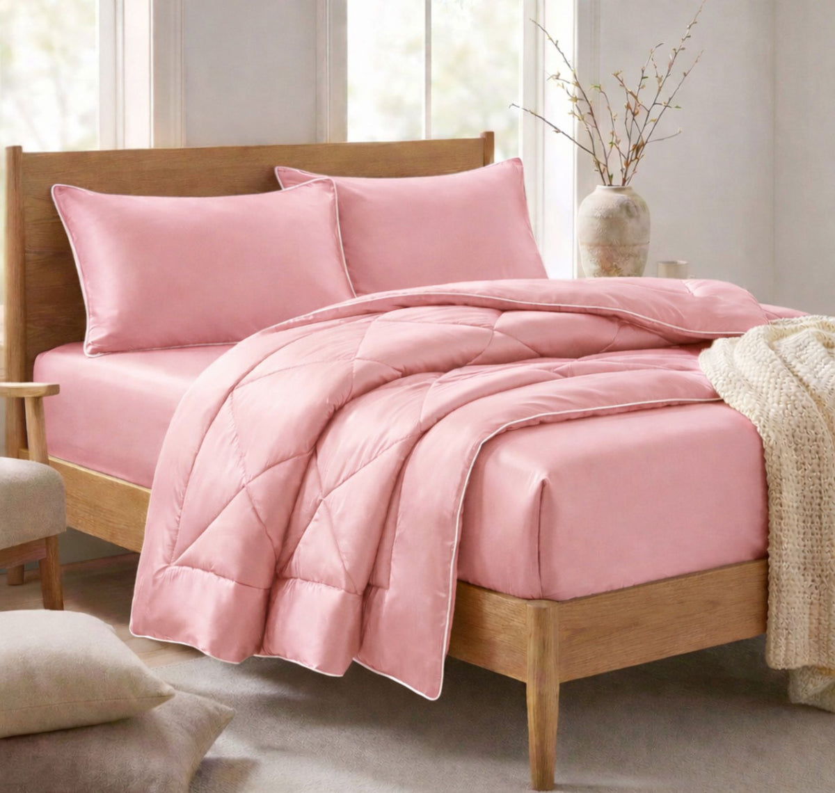 Satin Silk 4Pcs Bedding Set Baby Pink