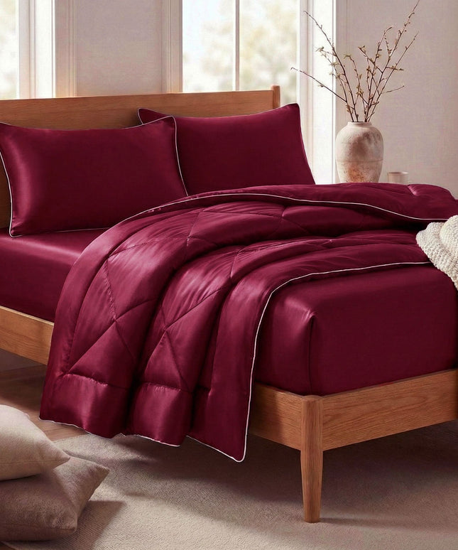 Satin Silk 4Pcs Bedding Set Burgundy Wine