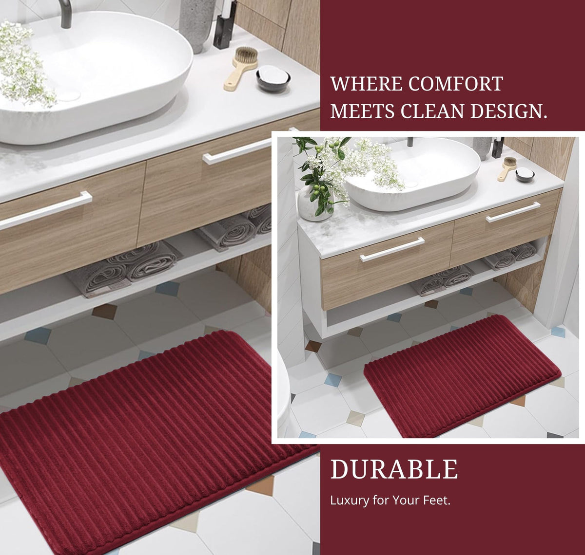Memory Foam Pencil Design Bathmat Burgundy Red