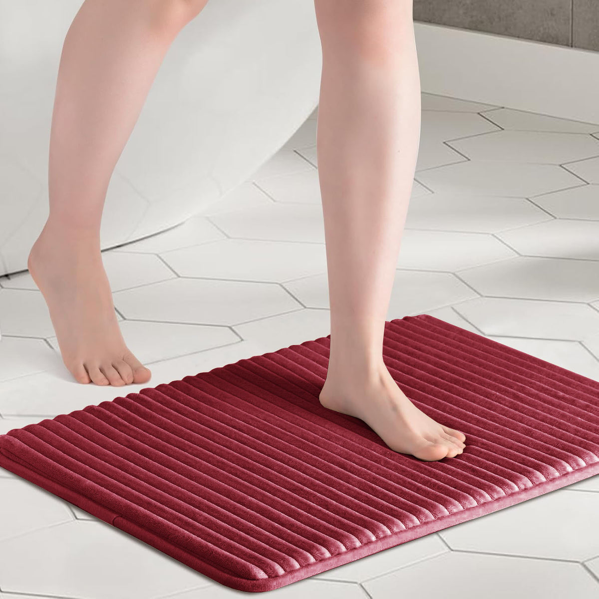 Memory Foam Pencil Design Bathmat Burgundy Red