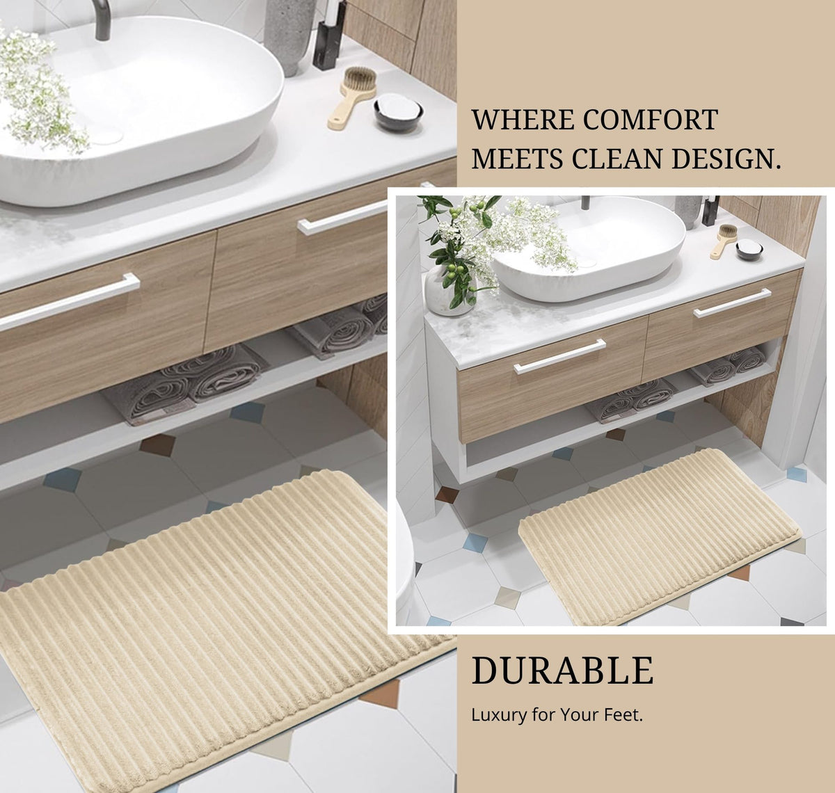 Memory Foam Pencil Design Bathmat Cream Beige