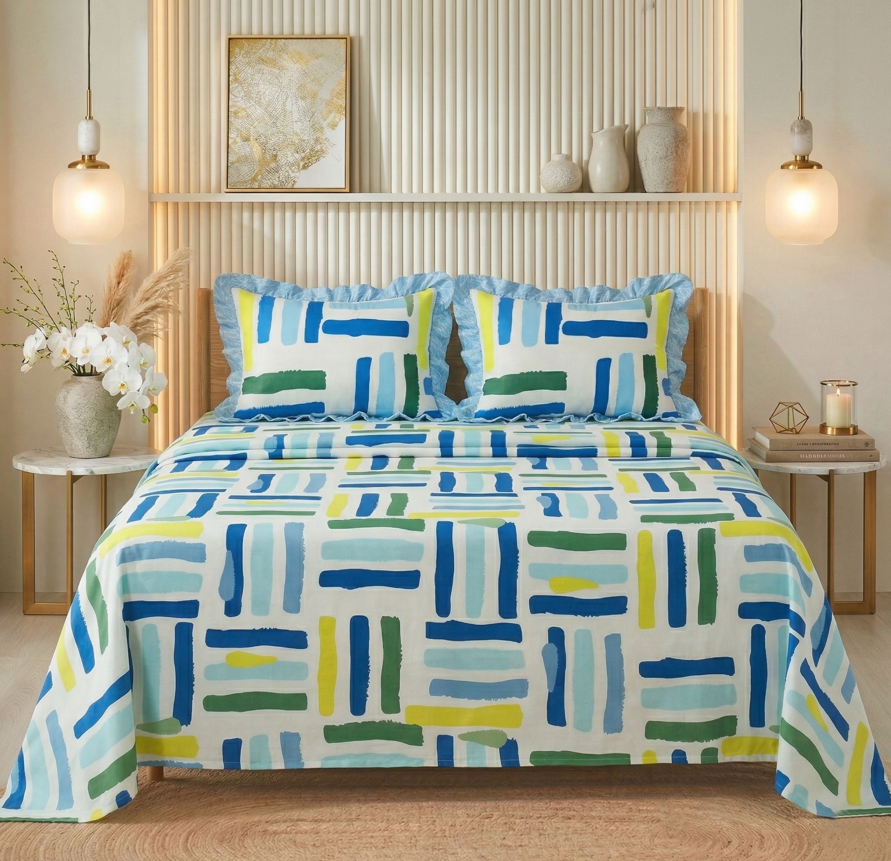Frill Flat Bedsheet White Blue