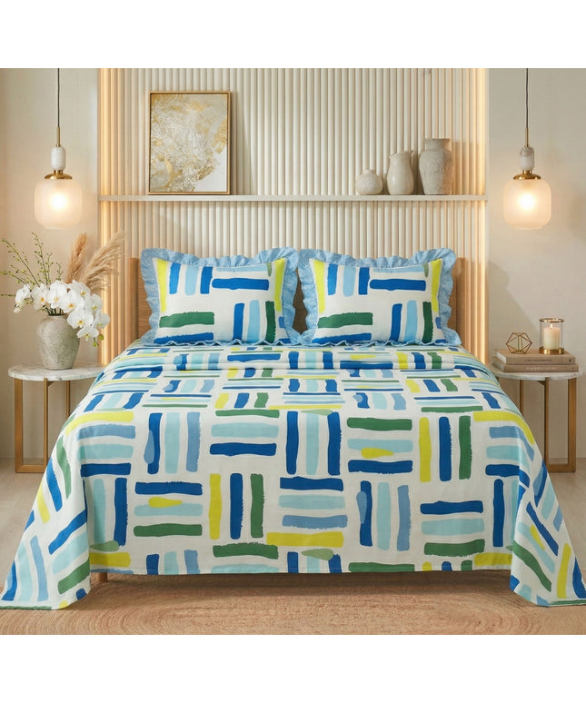 Frill Flat Bedsheet White Blue
