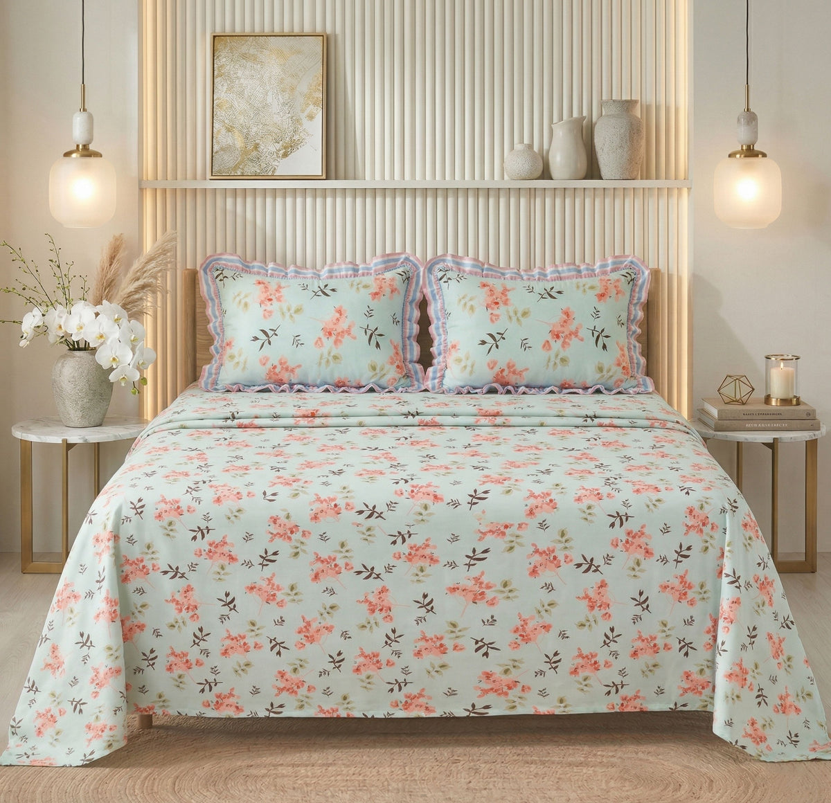 Frill Flat Bedsheet Sky Blue Pink