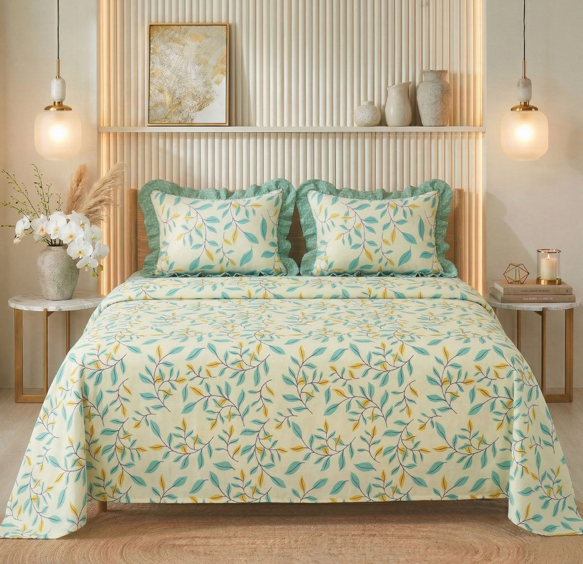 Frill Flat Bedsheet Ivory Green