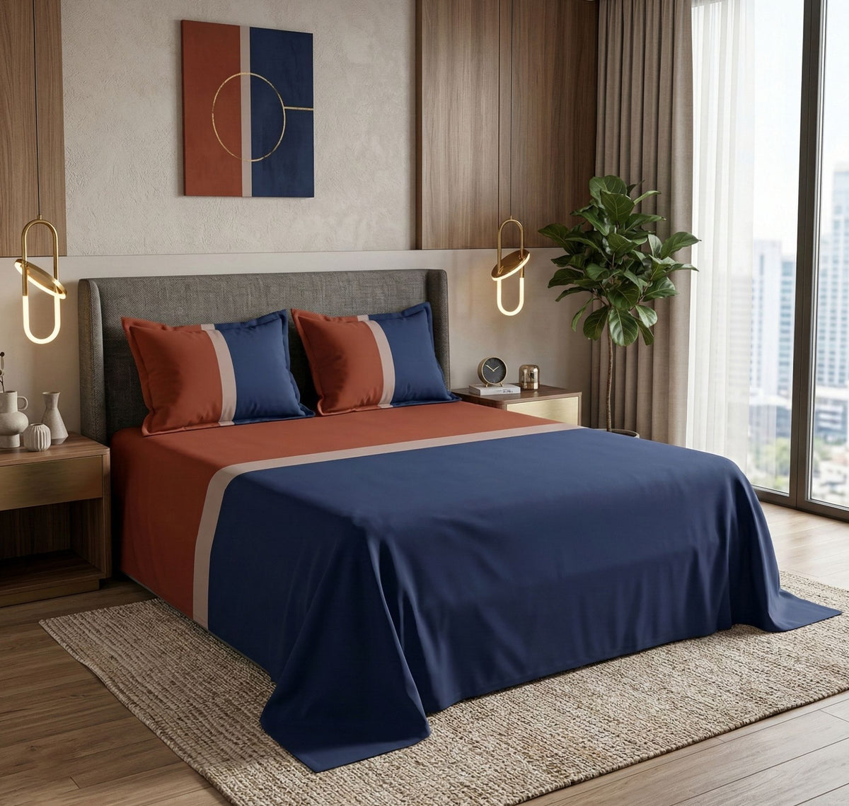 Skyline Flat Bedsheet Dark Blue Orange
