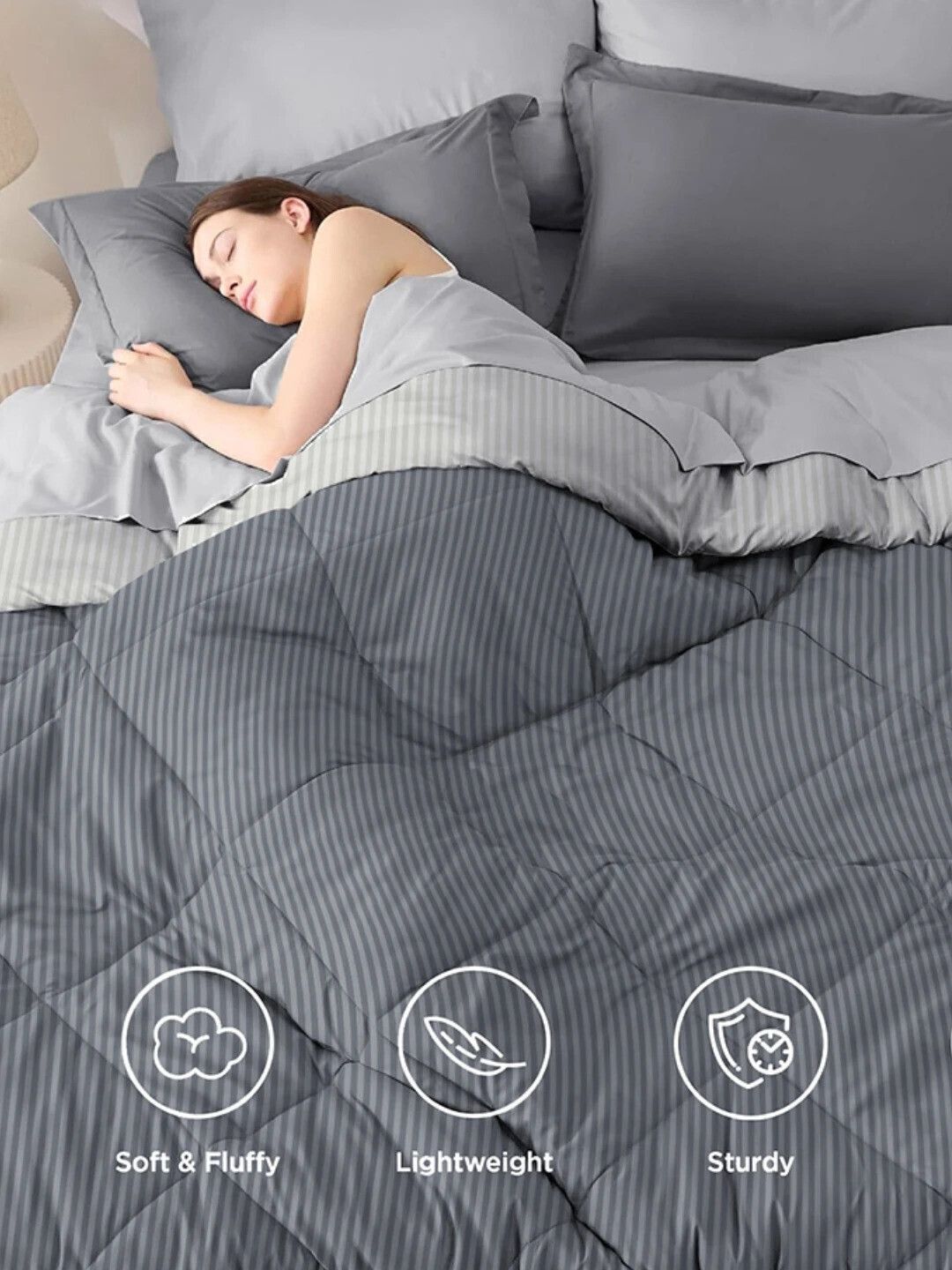 Stripe Reversible Comforter Double Bed Grey Light Grey