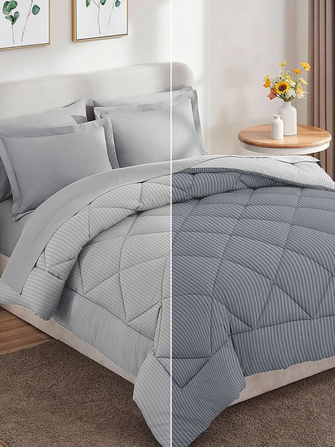 Stripe Reversible Comforter Double Bed Grey Light Grey