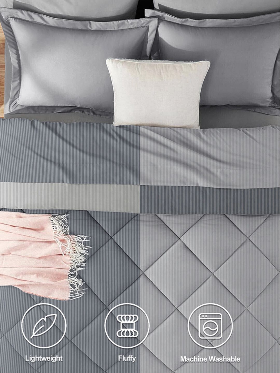 Stripe Reversible Comforter Double Bed Grey Light Grey