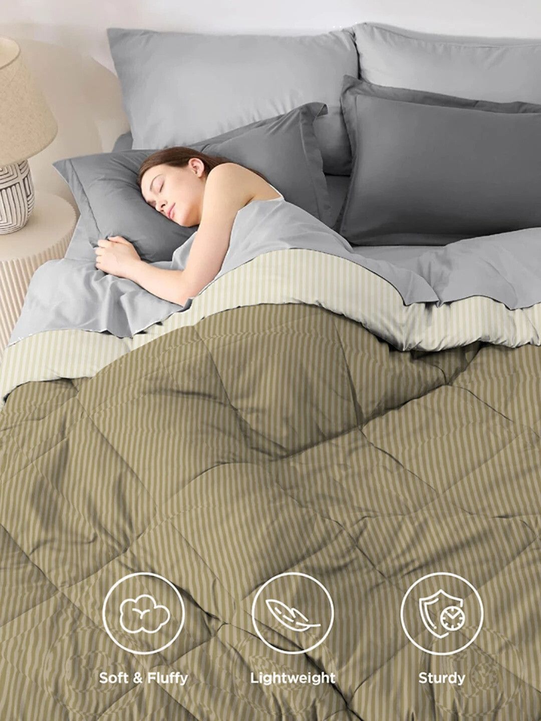 Stripe Reversible Comforter Double Bed Beige Mouse
