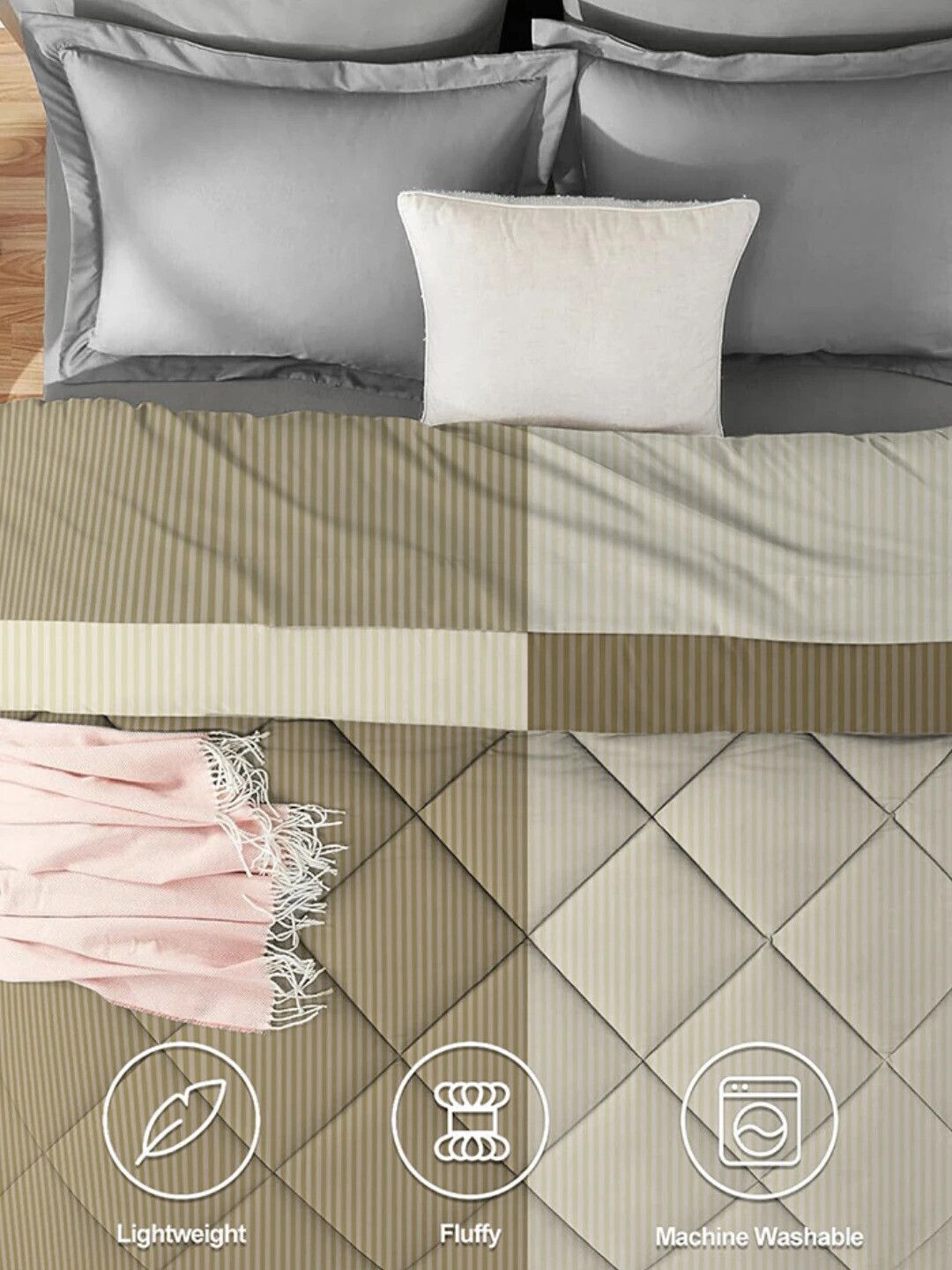 Stripe Reversible Comforter Double Bed Beige Mouse