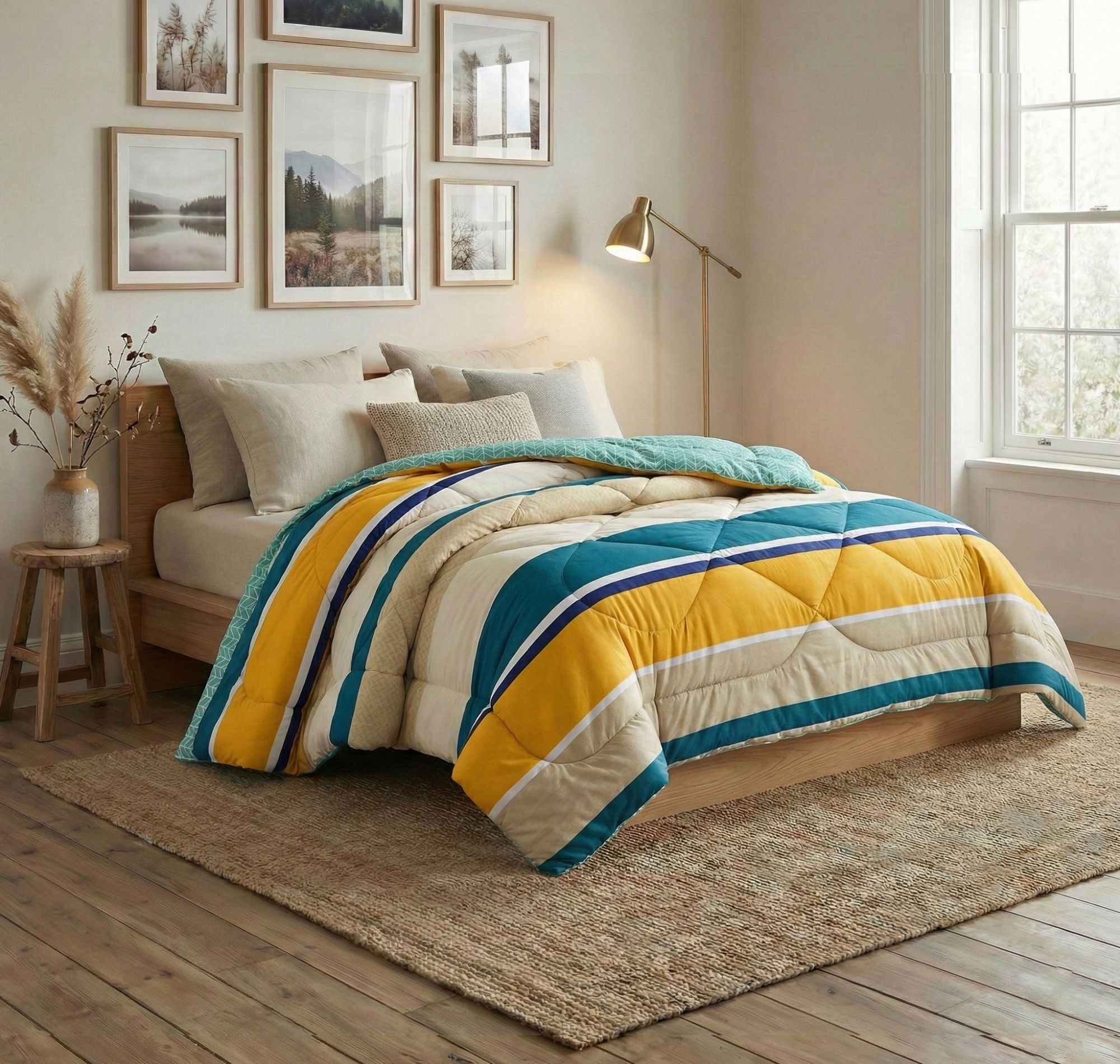 Floral Reversible Comforter Double Bed Green Beige