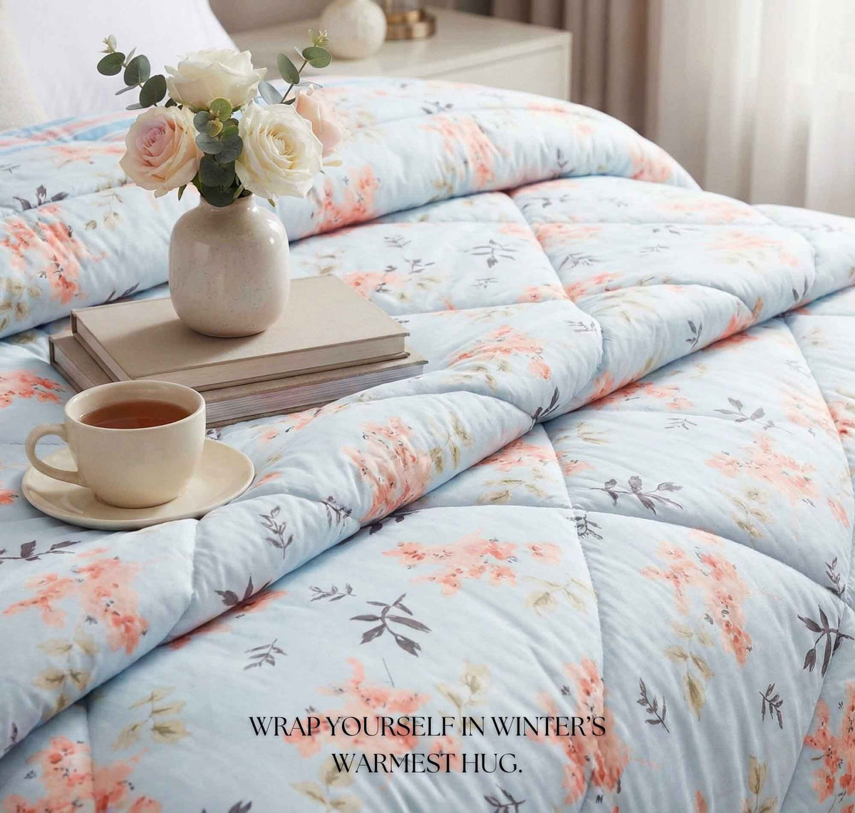 Floral Reversible Comforter Double Bed Light Blue Pink