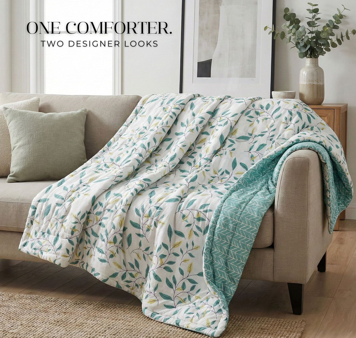 Floral Reversible Comforter Double Bed Ivory Green