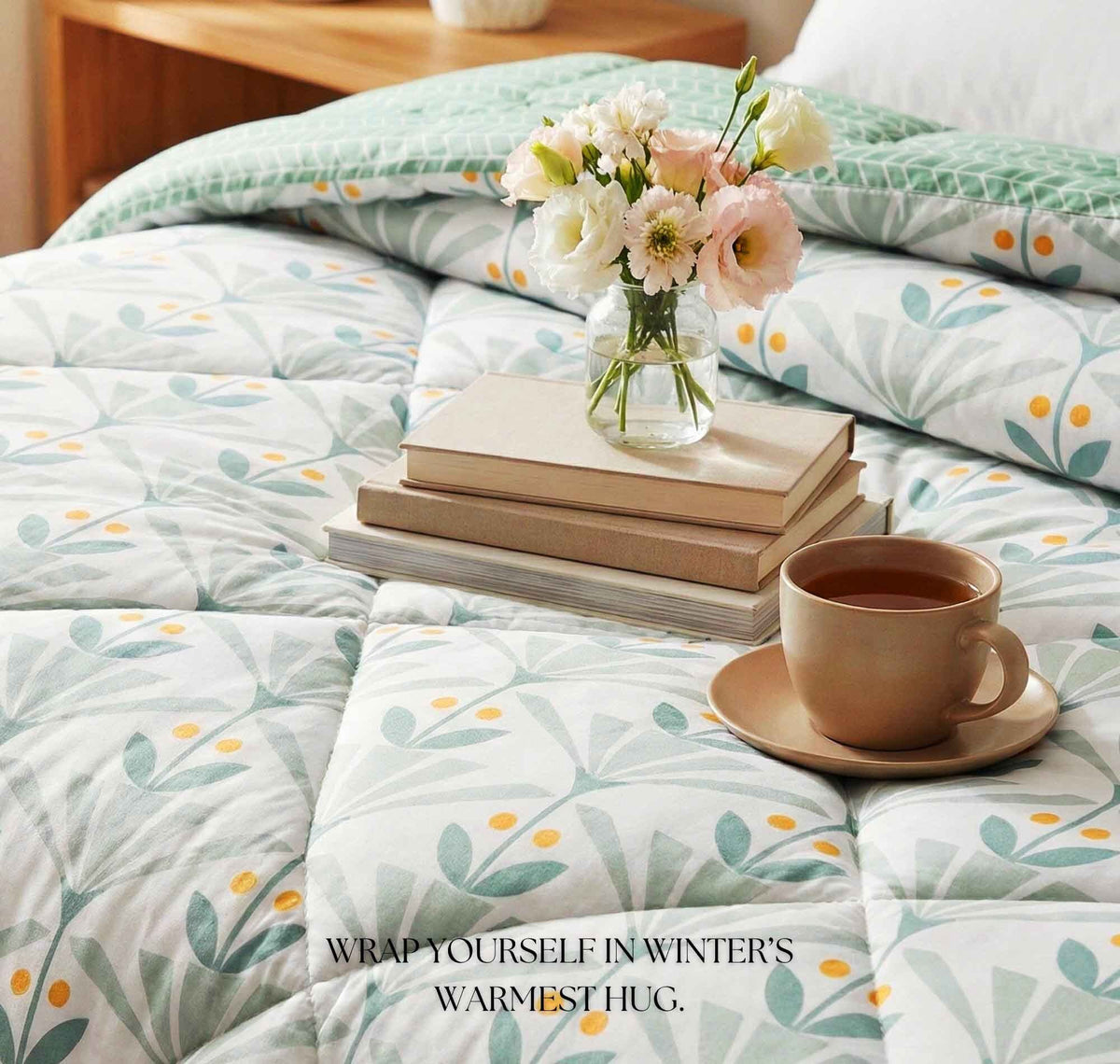 Floral Reversible Comforter Double Bed Light Green