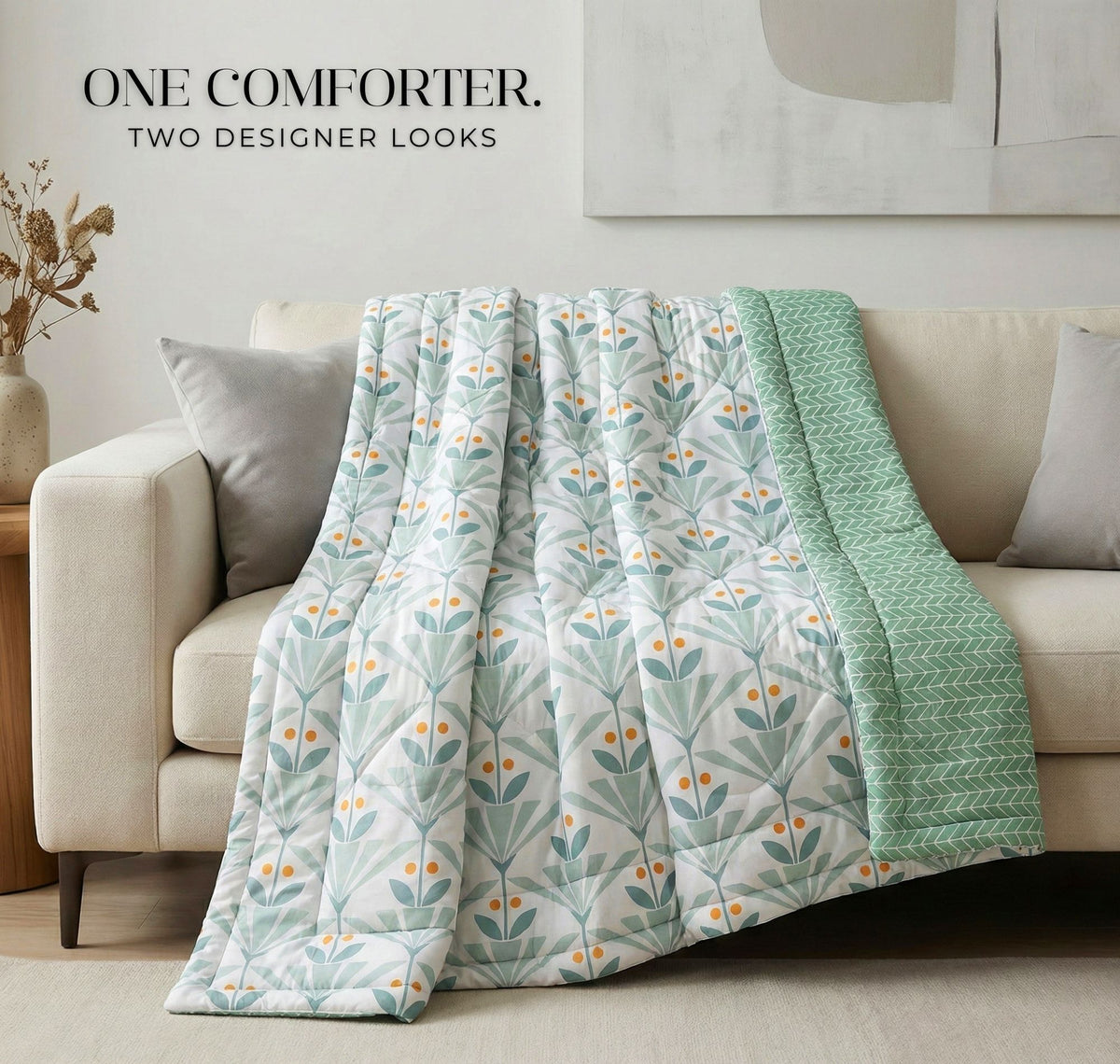 Floral Reversible Comforter Double Bed Light Green