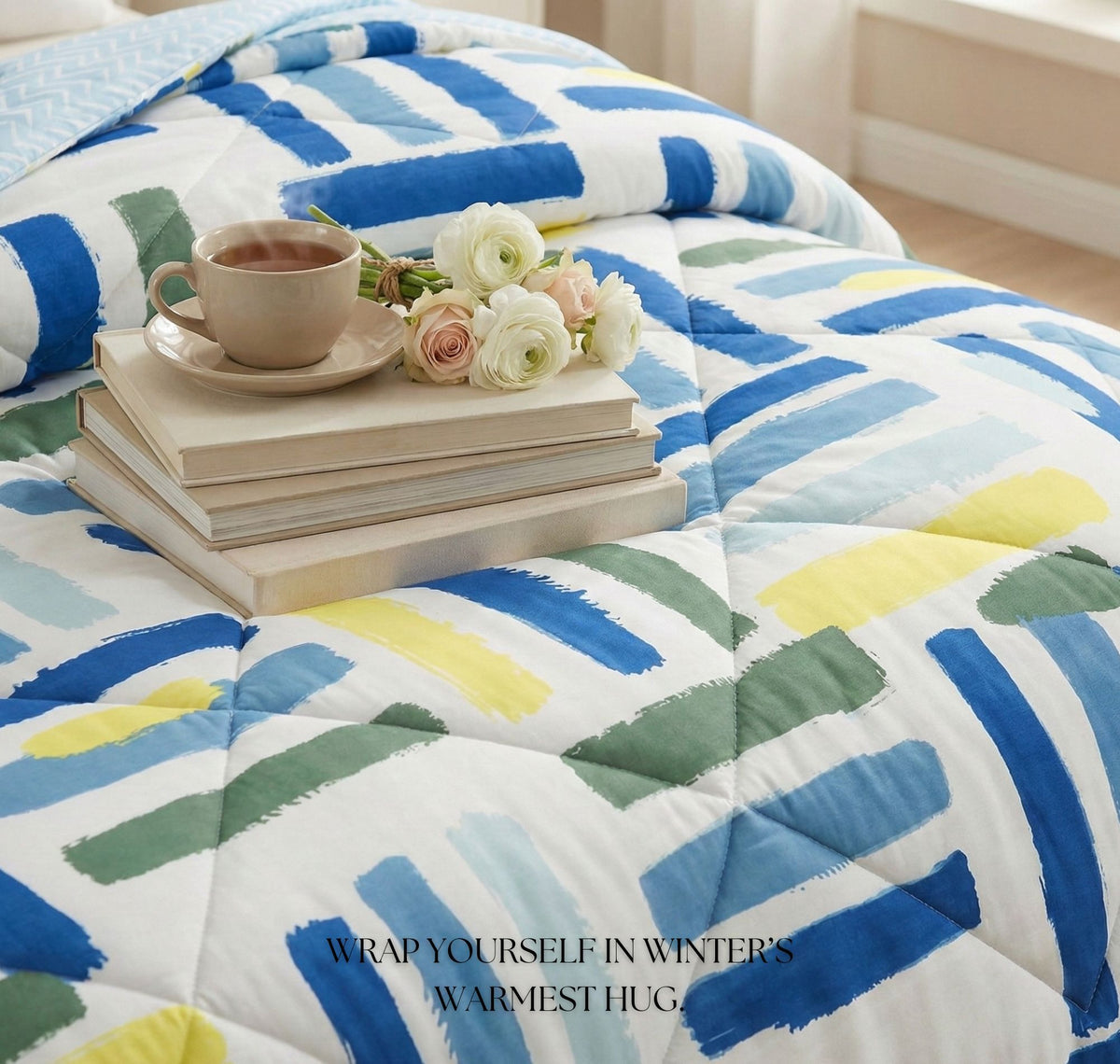 Floral Reversible Comforter Double Bed White Blue