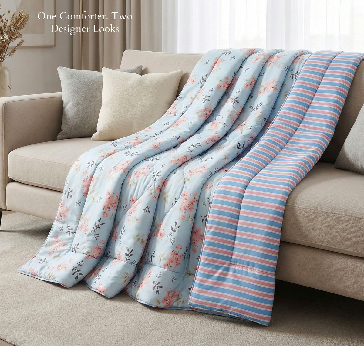 Floral Reversible Comforter Double Bed Light Blue Pink