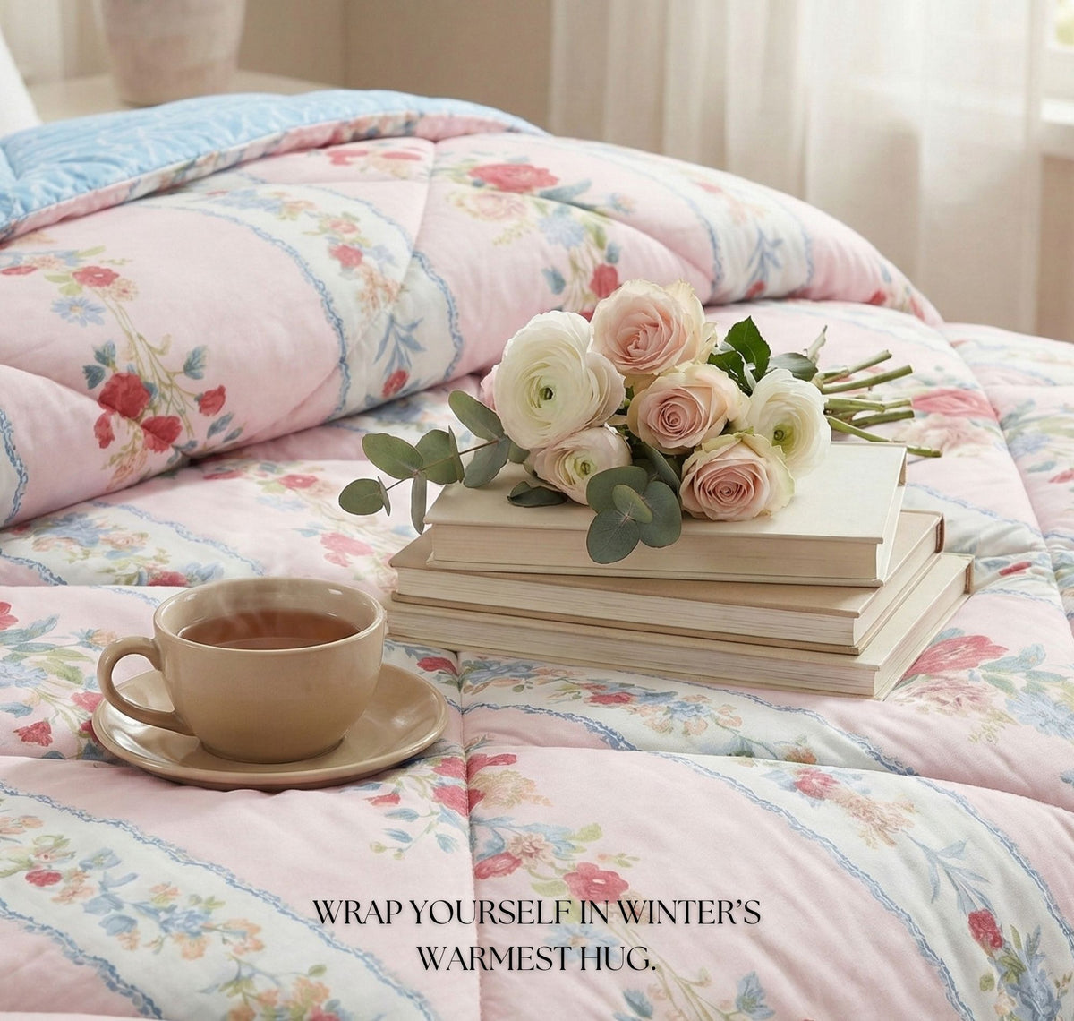 Floral Reversible Comforter Double Bed Baby Pink