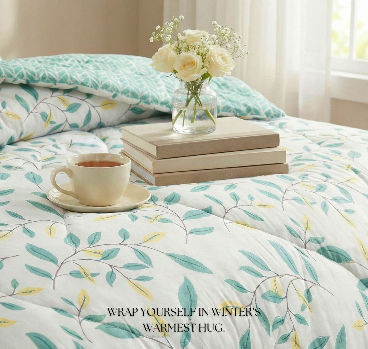 Floral Reversible Comforter Double Bed Ivory Green