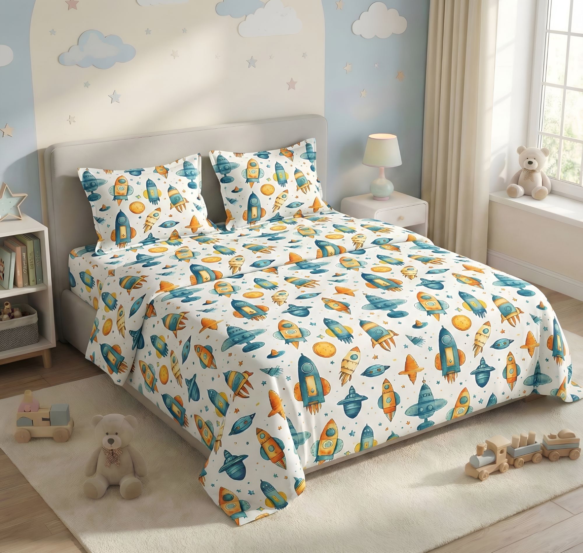 Kidzzy Flat Bedsheet White Blue