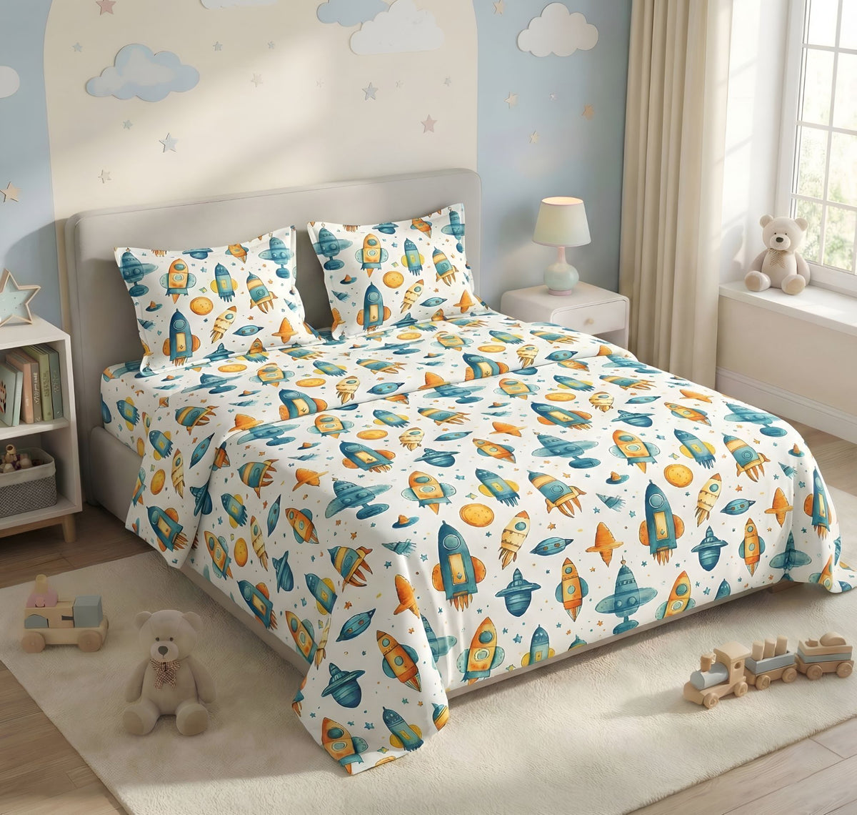 Kidzzy Flat Bedsheet White Blue