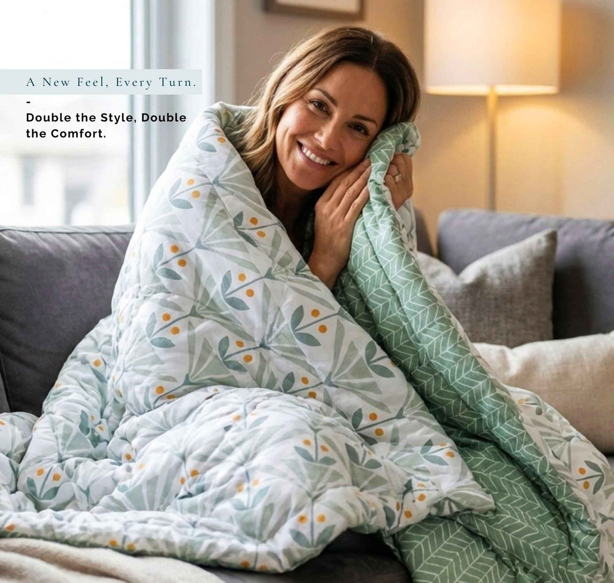 Floral Reversible Comforter Double Bed Light Green