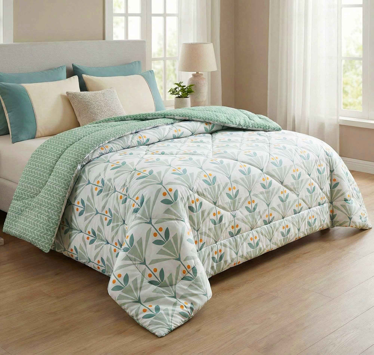 Floral Reversible Comforter Double Bed Light Green