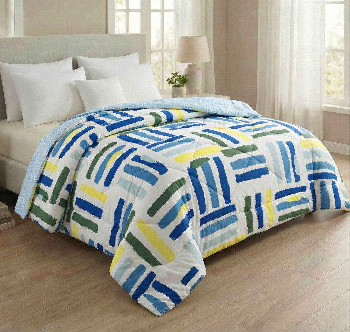 Floral Reversible Comforter Double Bed White Blue