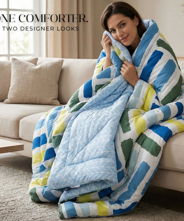 Floral Reversible Comforter Double Bed White Blue